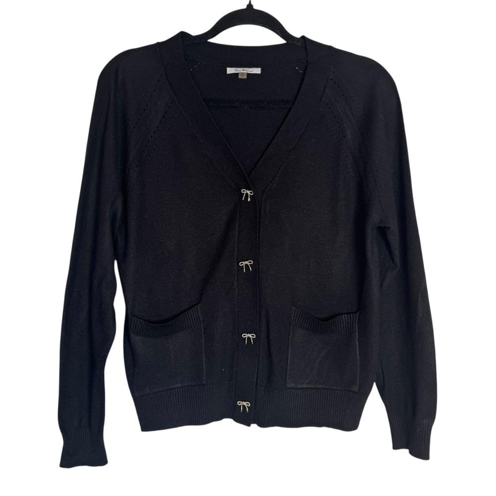 Vila Milano Black Women's Small V-Neck Cardigan Sweater with Bow Button